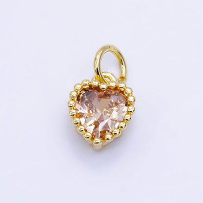 24K Gold Filled 9mm Green, Red, Purple, Blue, Clear, Peach Heart CZ Dotted Mini Charm | E043 - E046