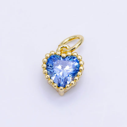 24K Gold Filled 9mm Green, Red, Purple, Blue, Clear, Peach Heart CZ Dotted Mini Charm | E043 - E046