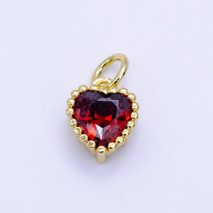 24K Gold Filled 9mm Green, Red, Purple, Blue, Clear, Peach Heart CZ Dotted Mini Charm | E043 - E046