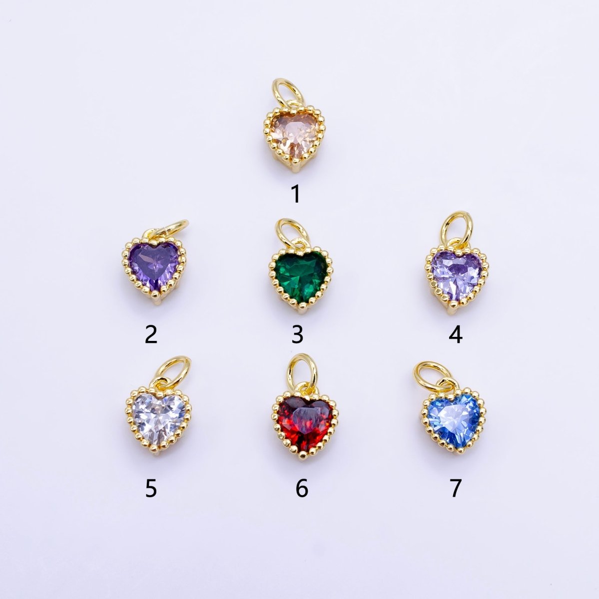 24K Gold Filled 9mm Green, Red, Purple, Blue, Clear, Peach Heart CZ Dotted Mini Charm | E043 - E046