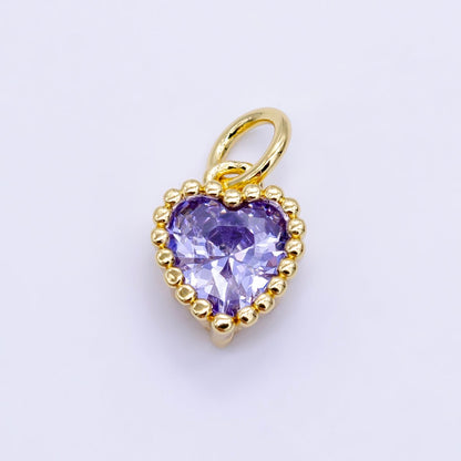 24K Gold Filled 9mm Green, Red, Purple, Blue, Clear, Peach Heart CZ Dotted Mini Charm | E043 - E046