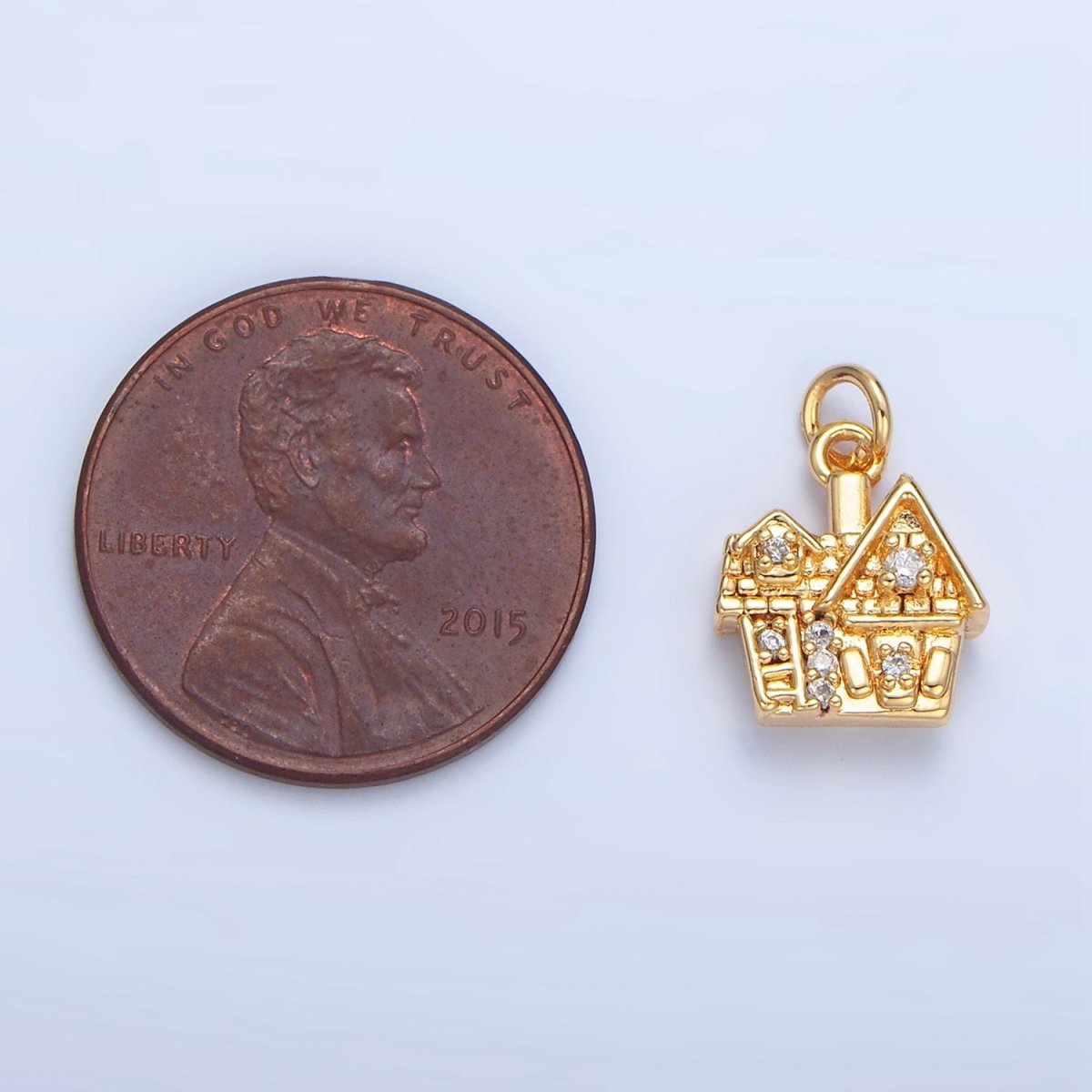 24K Gold Filled Heart CZ House Home Cottage Mini Double Sided Multidimensional Charm | X853