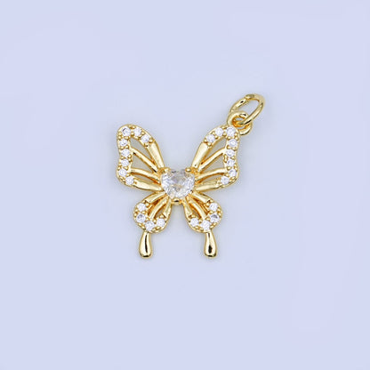 24K Gold Filled Heart CZ Micro Paved Butterfly Charm | X102