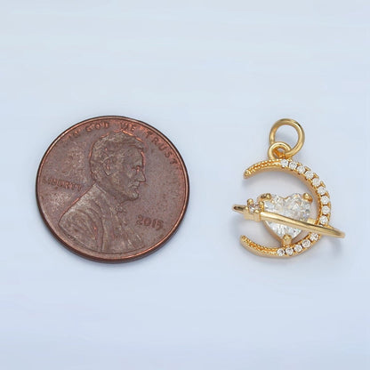 24K Gold Filled Heart CZ Micro Paved Celestial Planet Crescent Moon Charm | E741