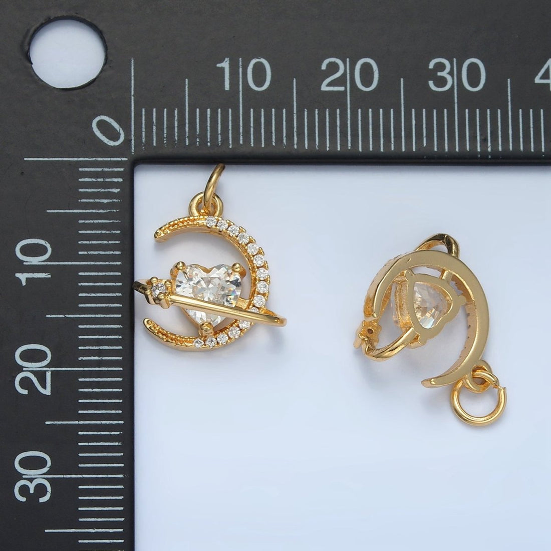 24K Gold Filled Heart CZ Micro Paved Celestial Planet Crescent Moon Charm | E741