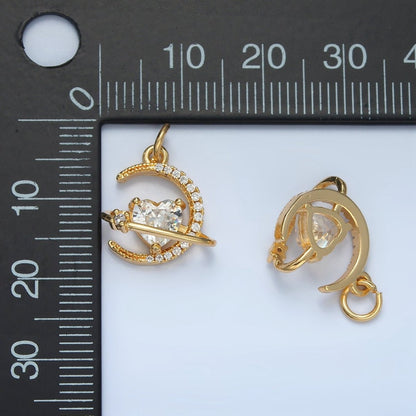 24K Gold Filled Heart CZ Micro Paved Celestial Planet Crescent Moon Charm | E741