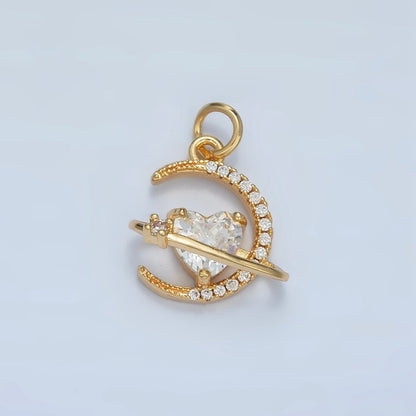 24K Gold Filled Heart CZ Micro Paved Celestial Planet Crescent Moon Charm | E741