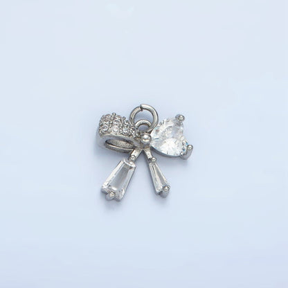24K Gold Filled Heart CZ Ribbon Baguette Charm in Gold &amp; Silver | E386