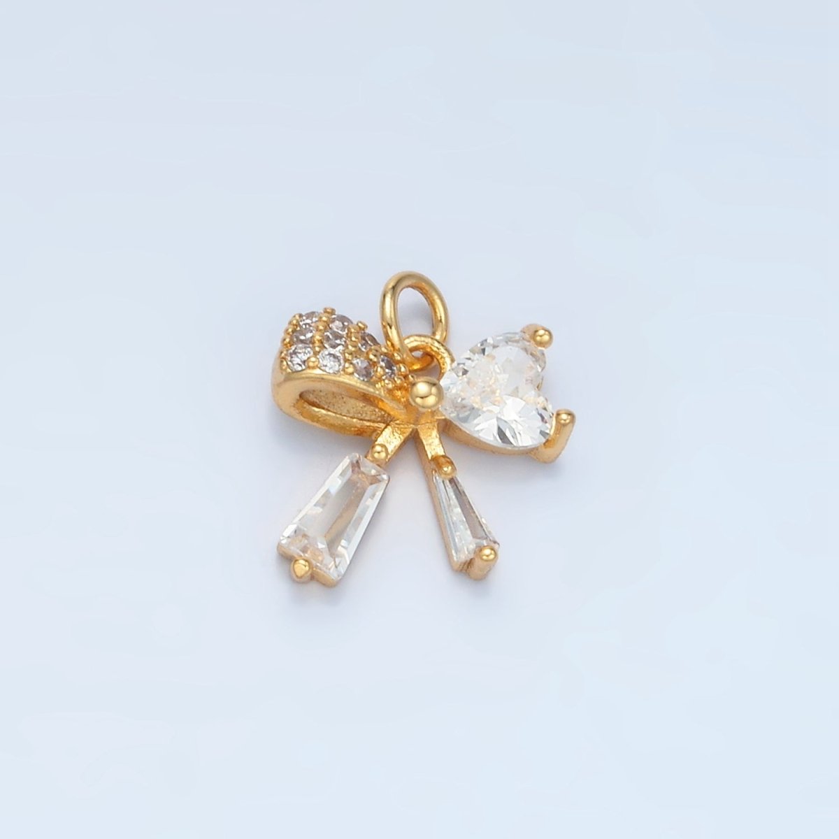 24K Gold Filled Heart CZ Ribbon Baguette Charm in Gold &amp; Silver | E386