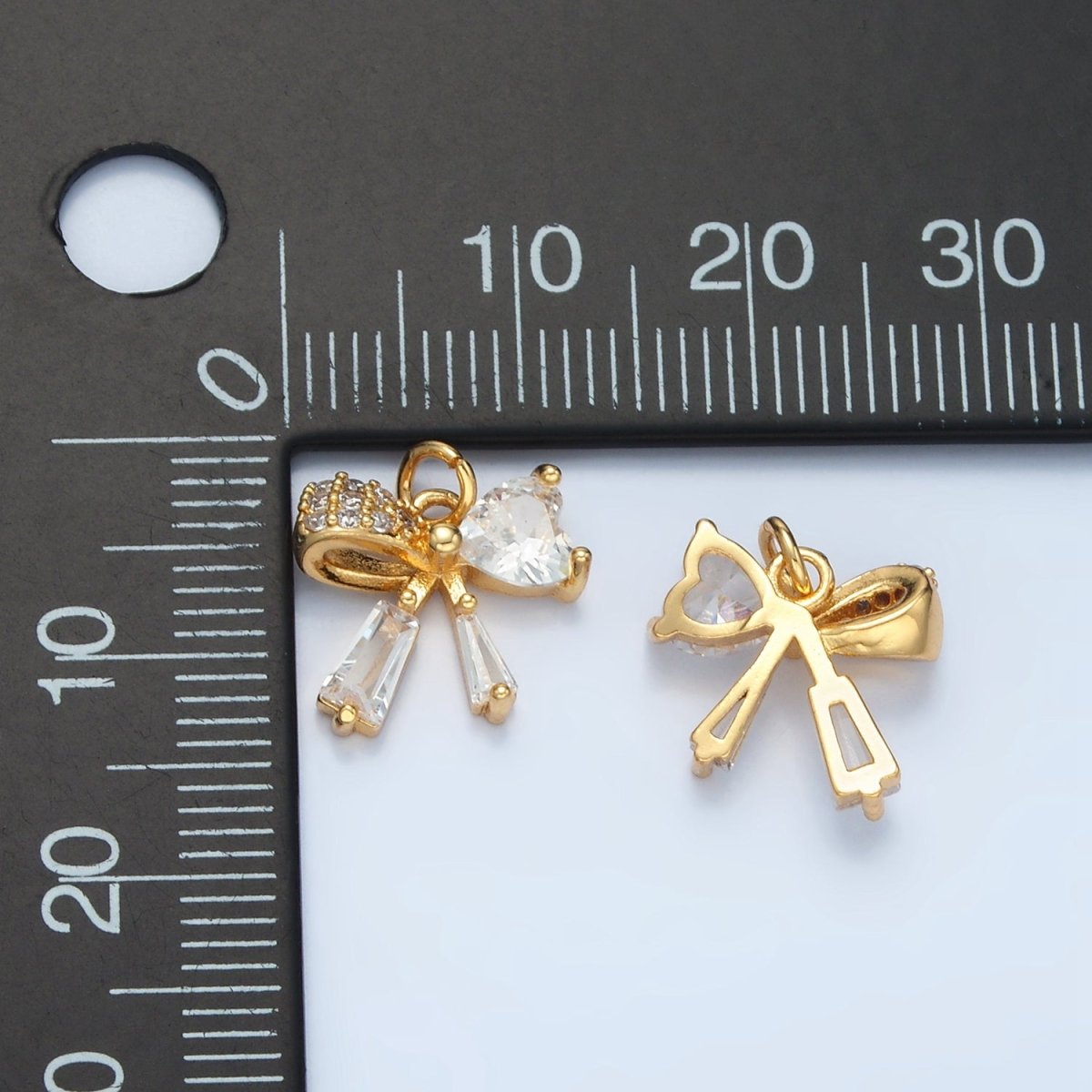 24K Gold Filled Heart CZ Ribbon Baguette Charm in Gold &amp; Silver | E386