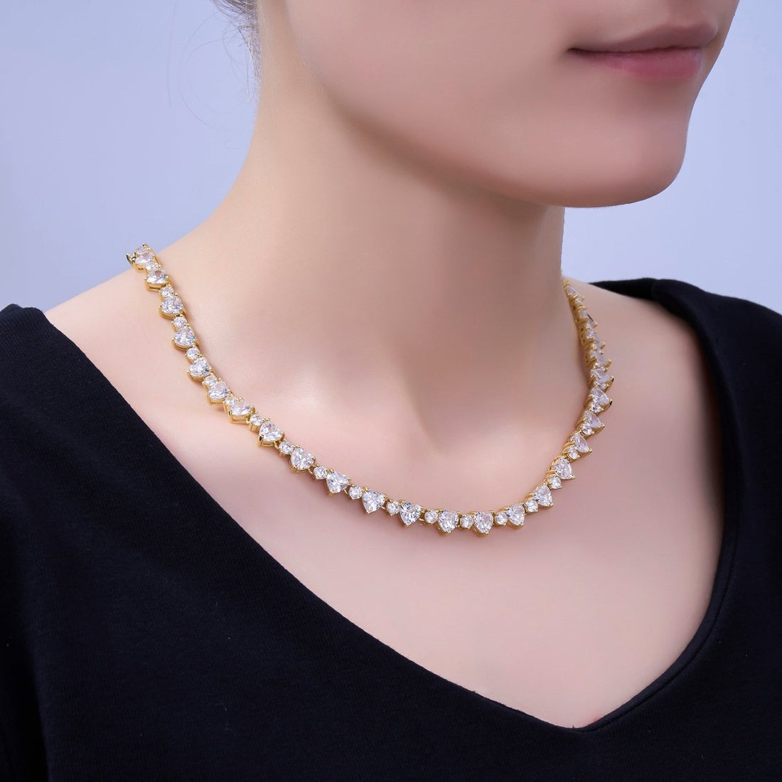 24K Gold Filled Heart CZ Tennis Chain 17 Inch Necklace in Gold &amp; Silver | WA-2861 WA-2862