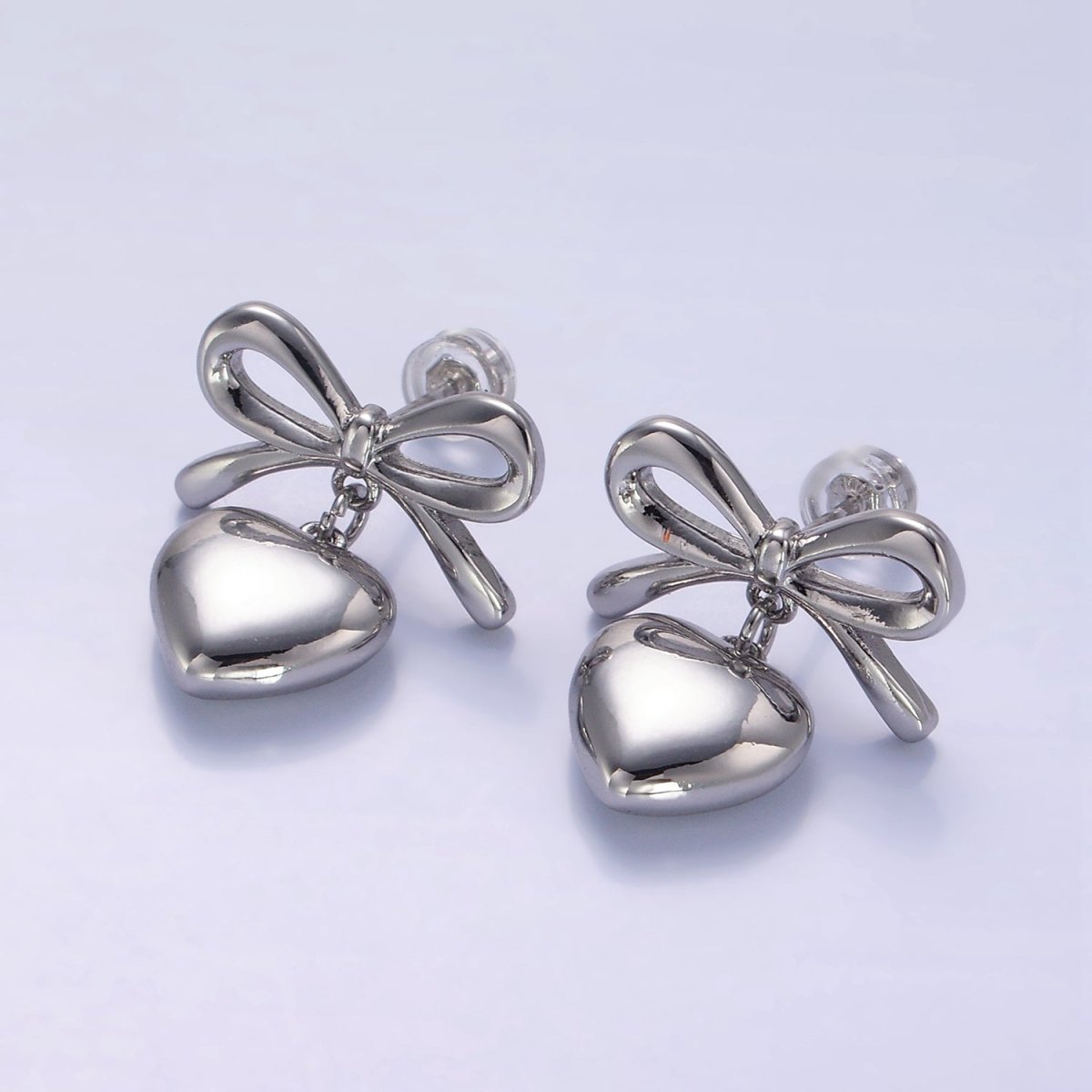 24K Gold Filled Heart Drop Ribbon Bow Stud Earrings in Gold &amp; Silver | V069 V070