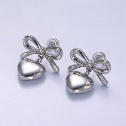 24K Gold Filled Heart Drop Ribbon Bow Stud Earrings in Gold &amp; Silver | V069 V070