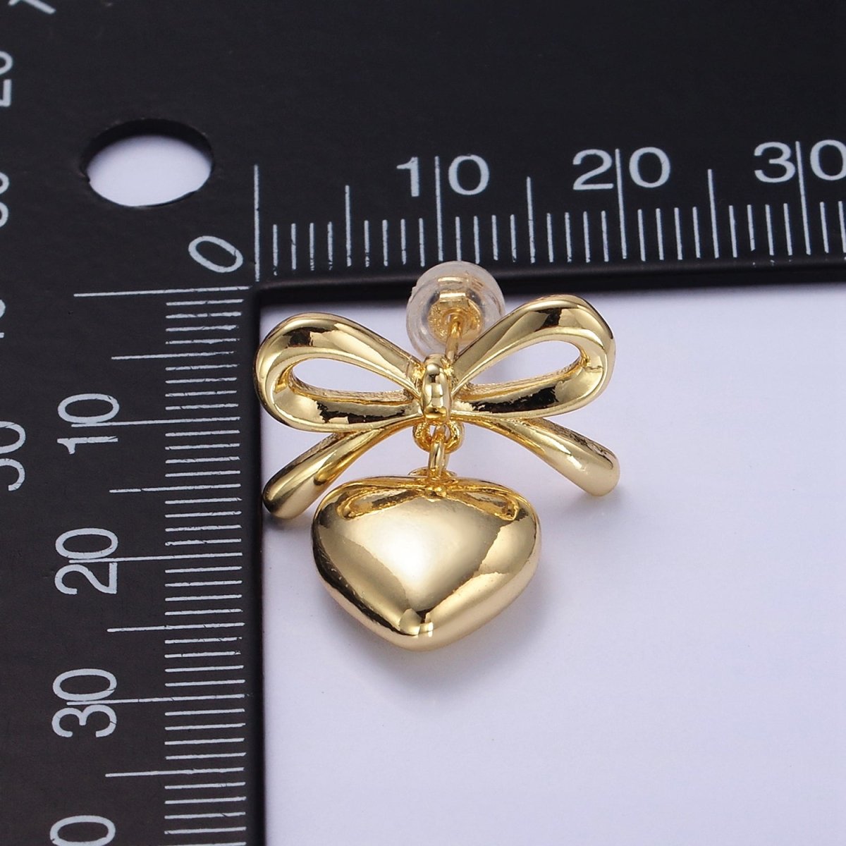 24K Gold Filled Heart Drop Ribbon Bow Stud Earrings in Gold &amp; Silver | V069 V070