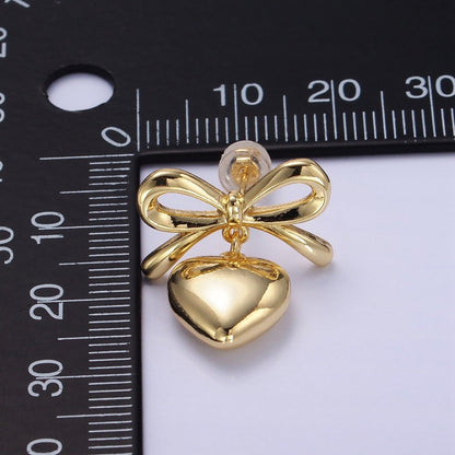 24K Gold Filled Heart Drop Ribbon Bow Stud Earrings in Gold &amp; Silver | V069 V070