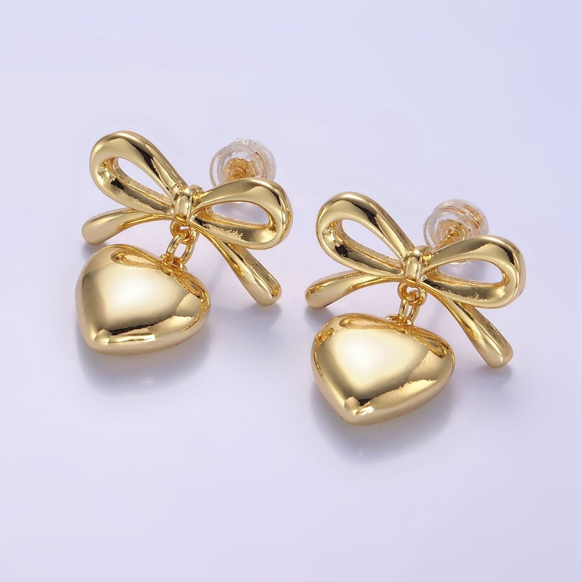 24K Gold Filled Heart Drop Ribbon Bow Stud Earrings in Gold &amp; Silver | V069 V070