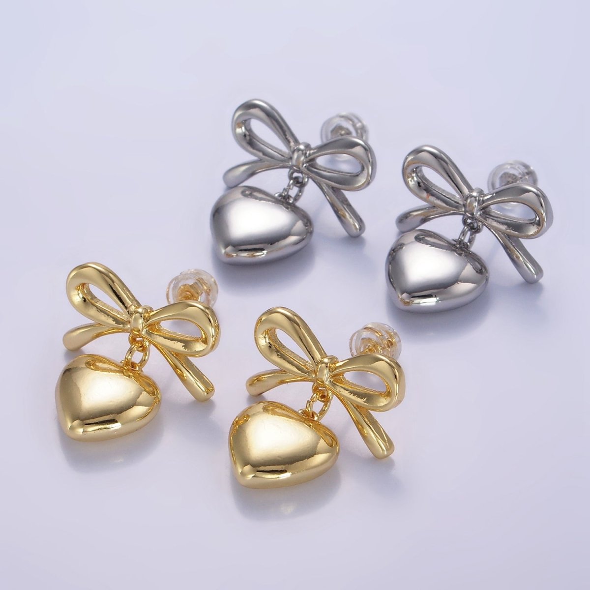 24K Gold Filled Heart Drop Ribbon Bow Stud Earrings in Gold &amp; Silver | V069 V070