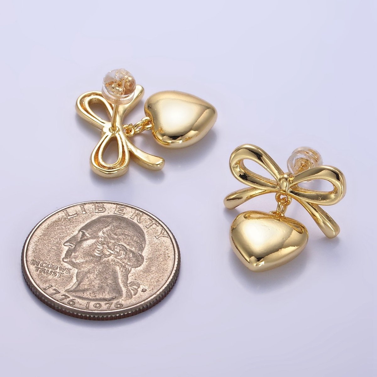 24K Gold Filled Heart Drop Ribbon Bow Stud Earrings in Gold &amp; Silver | V069 V070