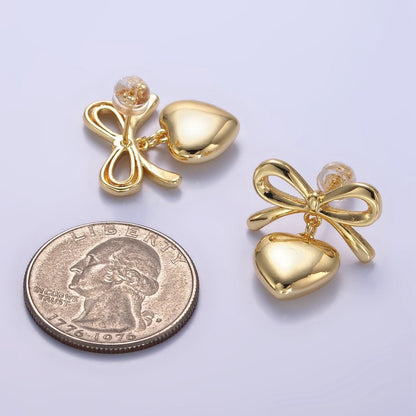 24K Gold Filled Heart Drop Ribbon Bow Stud Earrings in Gold &amp; Silver | V069 V070