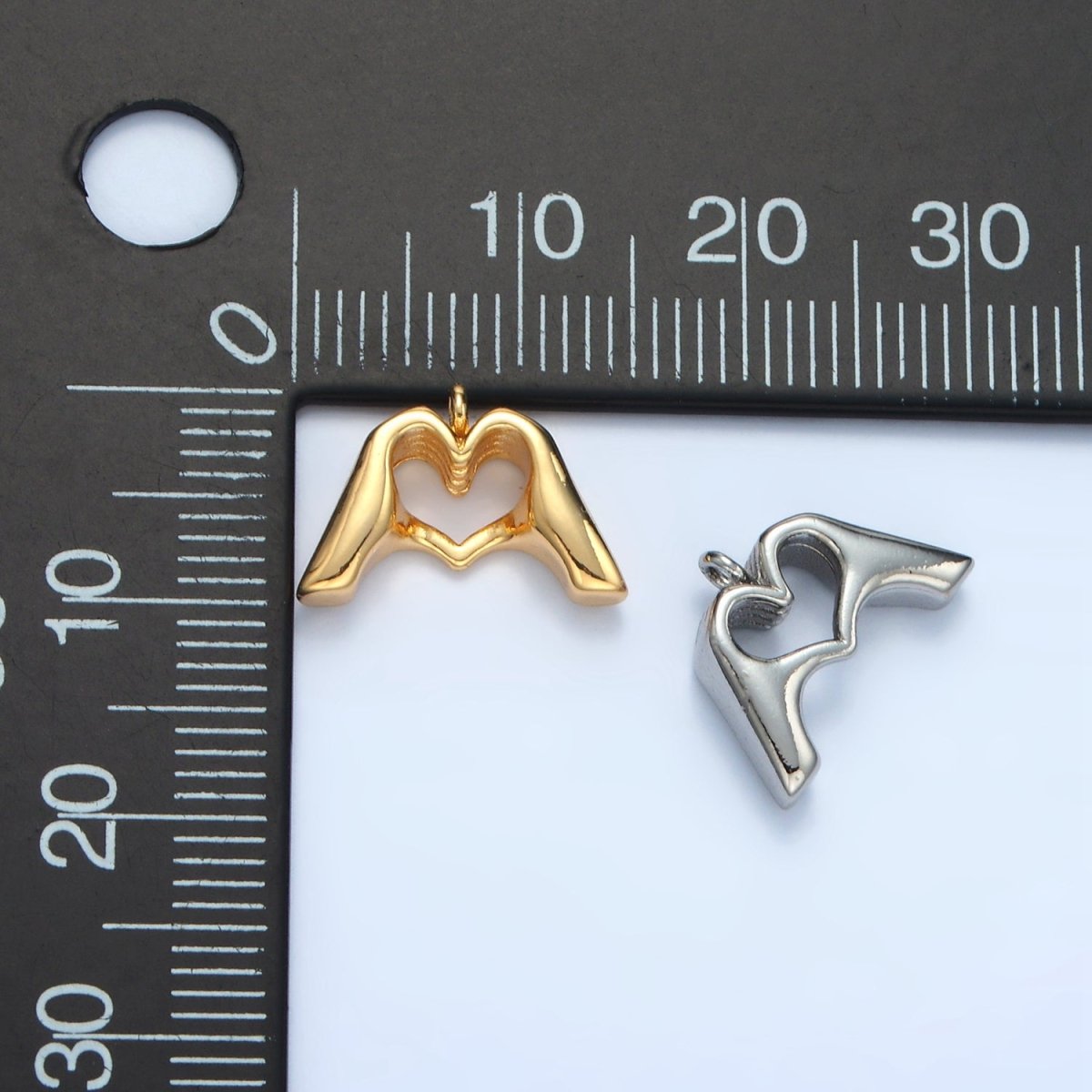 24K Gold Filled 10mm Heart Hand Gesture Multidimensional Charm in Gold &amp; Silver | E372