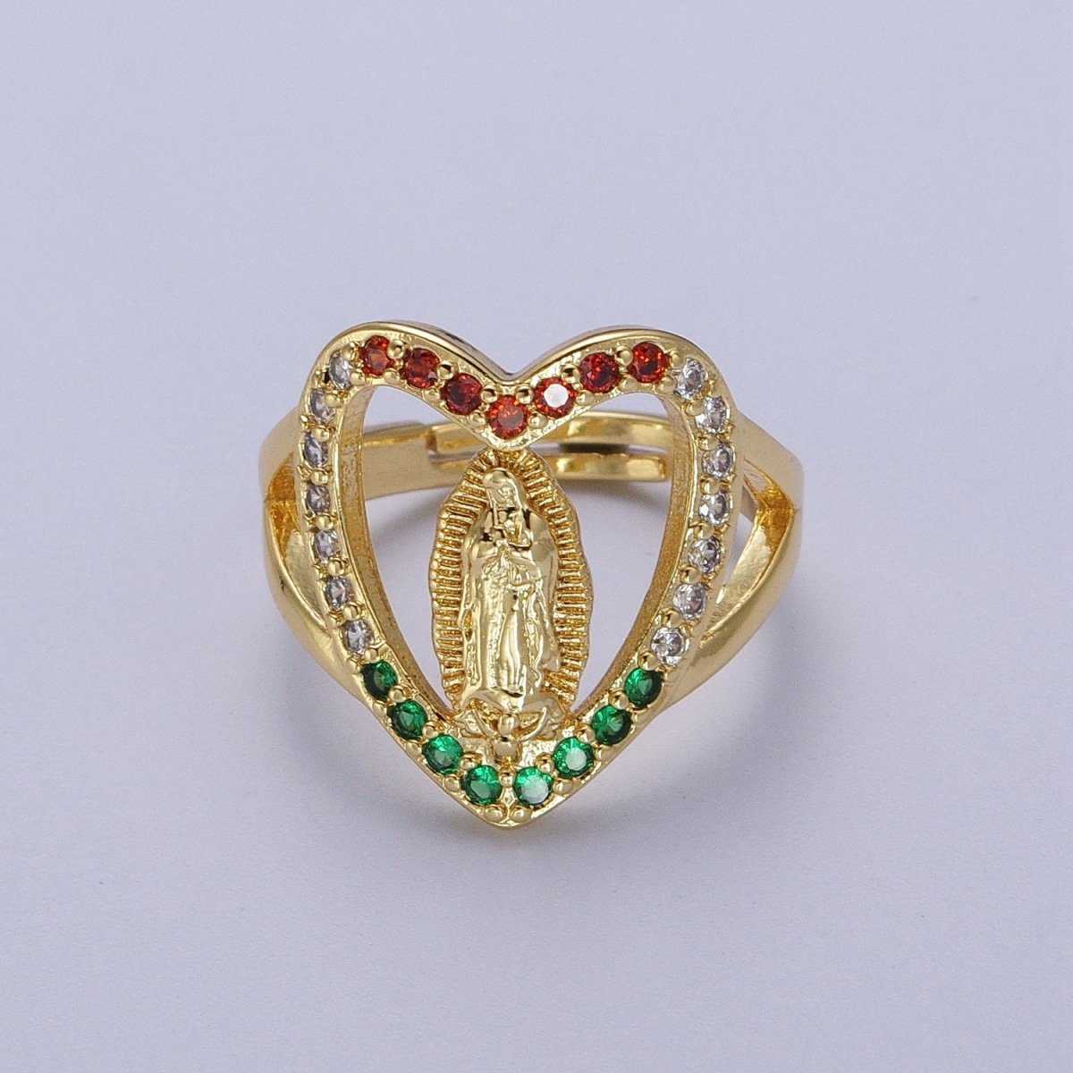 24K Gold Filled Heart Micro Paved Multicolor Religious Virgin Mary Lady Guadalupe Ring | O-151
