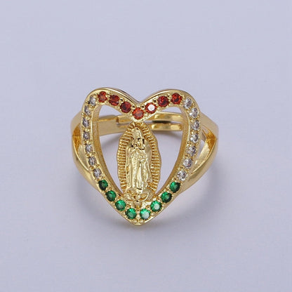 24K Gold Filled Heart Micro Paved Multicolor Religious Virgin Mary Lady Guadalupe Ring | O-151