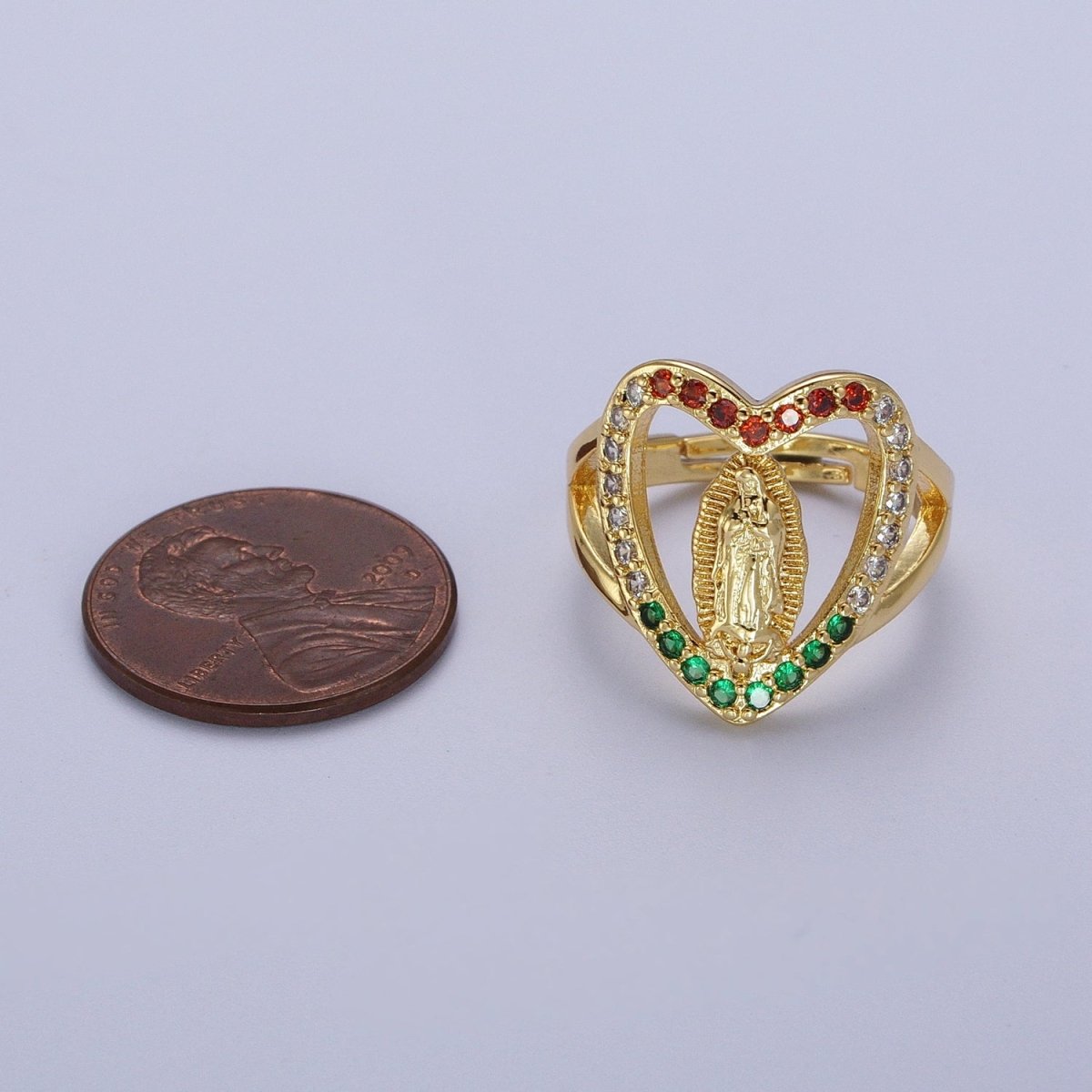 24K Gold Filled Heart Micro Paved Multicolor Religious Virgin Mary Lady Guadalupe Ring | O-151