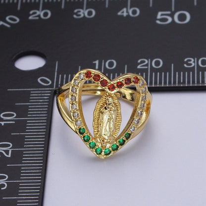 24K Gold Filled Heart Micro Paved Multicolor Religious Virgin Mary Lady Guadalupe Ring | O-151