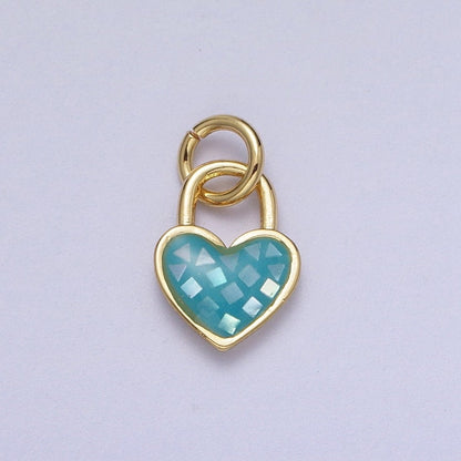 24K Gold Filled Heart Padlock Teal, Green, Pink, Abalone, White Shell Opal Charm  E-455 E-460 E-490 E-509