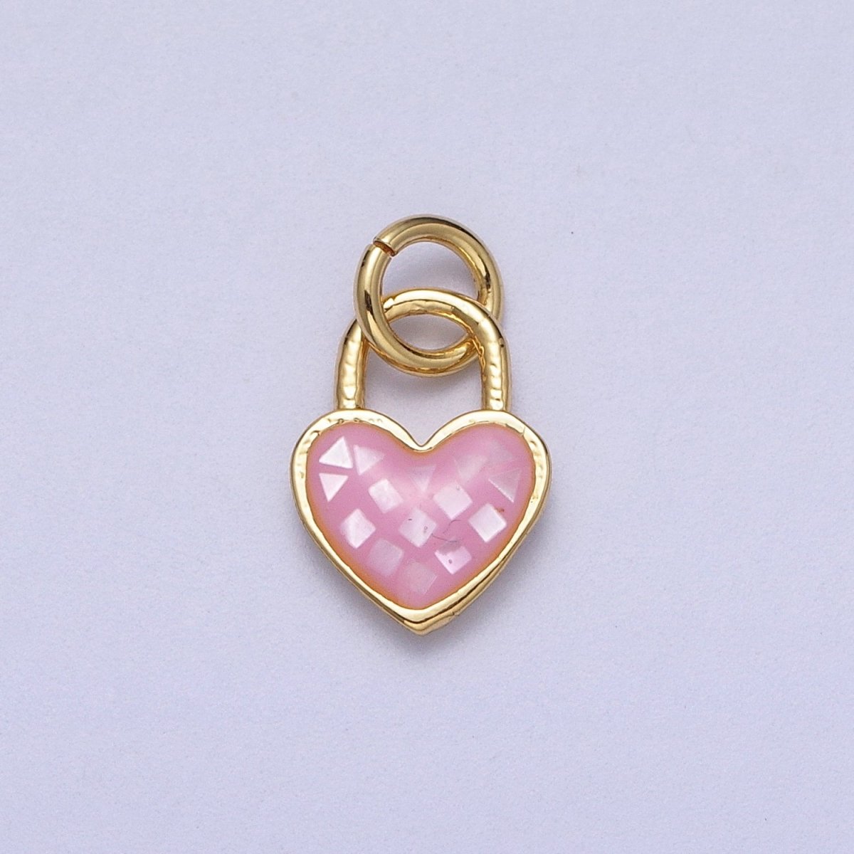 24K Gold Filled Heart Padlock Teal, Green, Pink, Abalone, White Shell Opal Charm  E-455 E-460 E-490 E-509