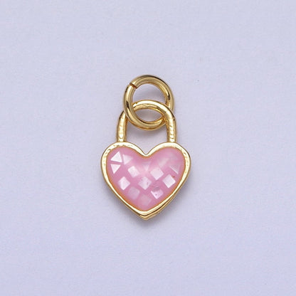 24K Gold Filled Heart Padlock Teal, Green, Pink, Abalone, White Shell Opal Charm  E-455 E-460 E-490 E-509