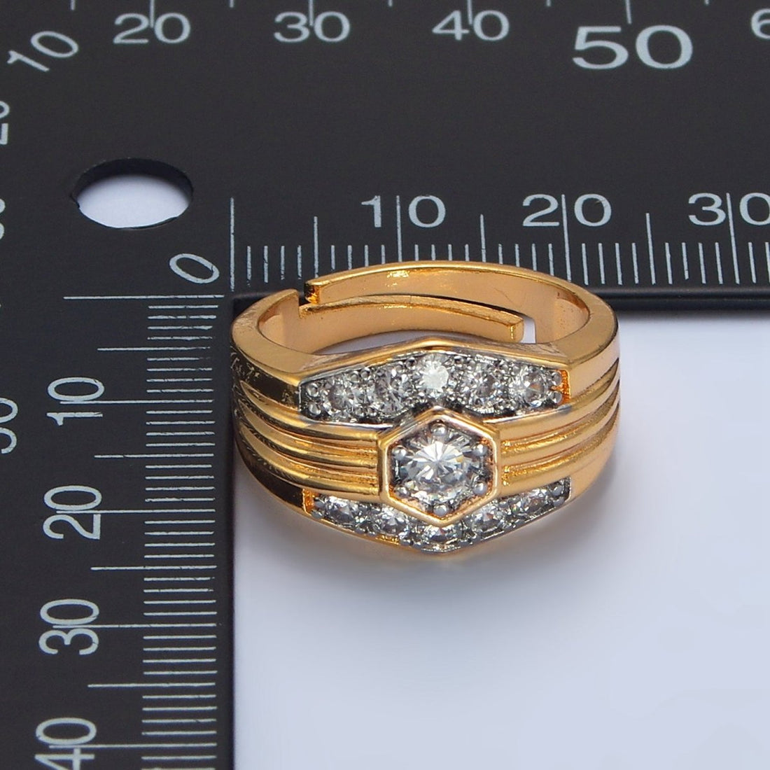 24K Gold Filled Hexagon Dome Micro Paved CZ Mixed Metal Ring | O1417