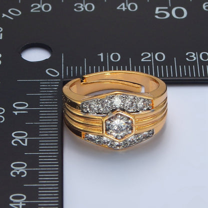 24K Gold Filled Hexagon Dome Micro Paved CZ Mixed Metal Ring | O1417