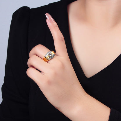 24K Gold Filled Hexagon Dome Micro Paved CZ Mixed Metal Ring | O1417