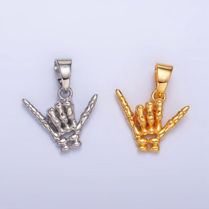 24K Gold Filled 14mm "I Love You" "Rock &amp; Roll" Hand Gesture Skeleton Multidimensional Pendant in Gold &amp; Silver | AA1002
