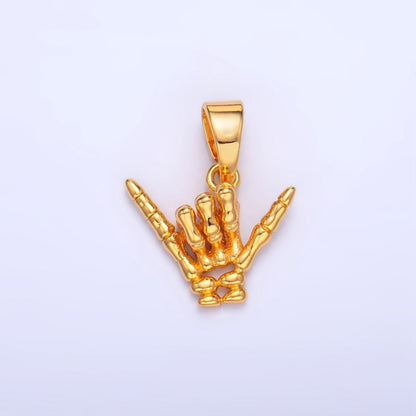 24K Gold Filled 14mm "I Love You" "Rock &amp; Roll" Hand Gesture Skeleton Multidimensional Pendant in Gold &amp; Silver | AA1002