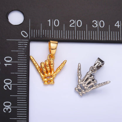 24K Gold Filled 14mm "I Love You" "Rock &amp; Roll" Hand Gesture Skeleton Multidimensional Pendant in Gold &amp; Silver | AA1002