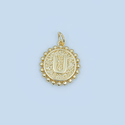 24K Gold Filled Initial Letter Geometric Dotted Round Charm | A292 - A304
