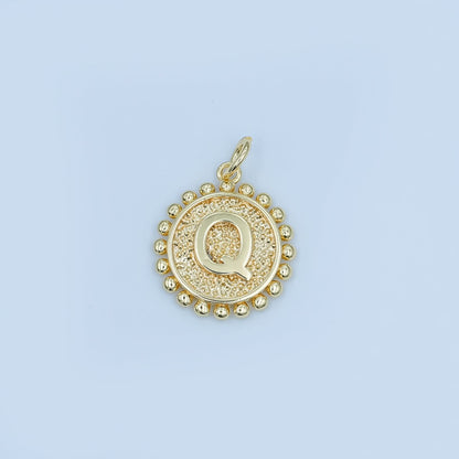 24K Gold Filled Initial Letter Geometric Dotted Round Charm | A292 - A304