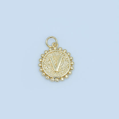 24K Gold Filled Initial Letter Geometric Dotted Round Charm | A292 - A304