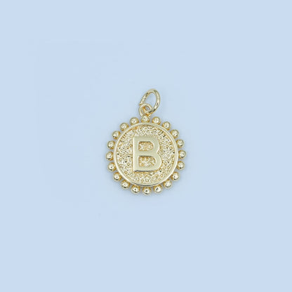 24K Gold Filled Initial Letter Geometric Dotted Round Charm | A292 - A304