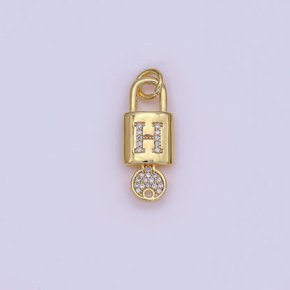 24K Gold Filled Initial Letter Micro Paved Padlock Key Charm | AF014 - AF026