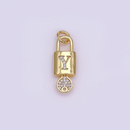 24K Gold Filled Initial Letter Micro Paved Padlock Key Charm | AF014 - AF026