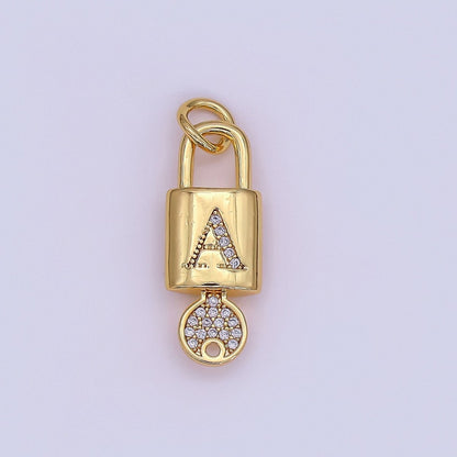 24K Gold Filled Initial Letter Micro Paved Padlock Key Charm | AF014 - AF026