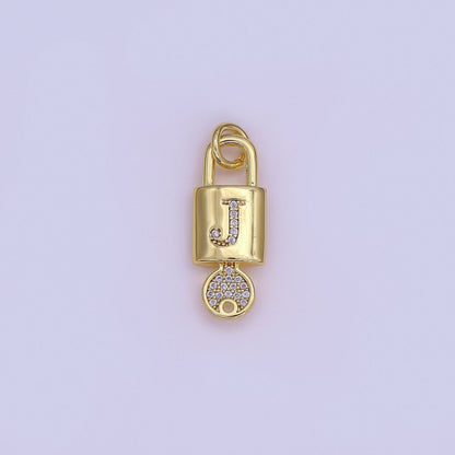 24K Gold Filled Initial Letter Micro Paved Padlock Key Charm | AF014 - AF026