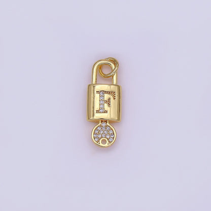 24K Gold Filled Initial Letter Micro Paved Padlock Key Charm | AF014 - AF026