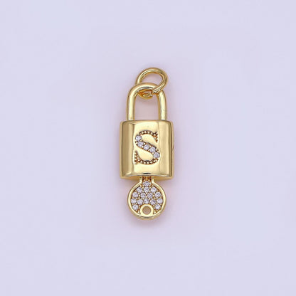 24K Gold Filled Initial Letter Micro Paved Padlock Key Charm | AF014 - AF026