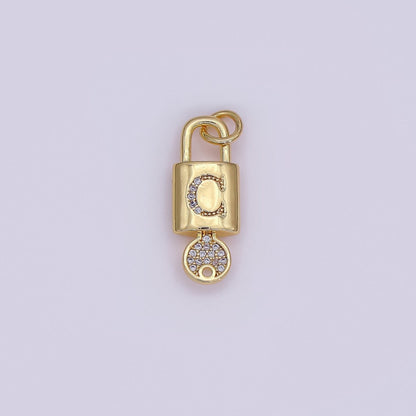 24K Gold Filled Initial Letter Micro Paved Padlock Key Charm | AF014 - AF026