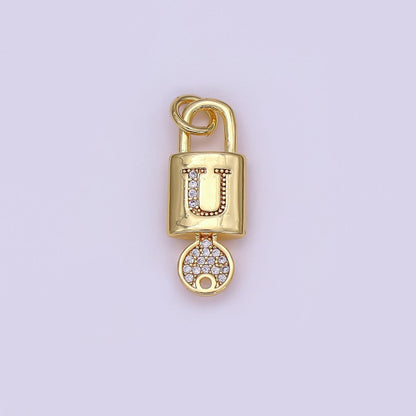 24K Gold Filled Initial Letter Micro Paved Padlock Key Charm | AF014 - AF026