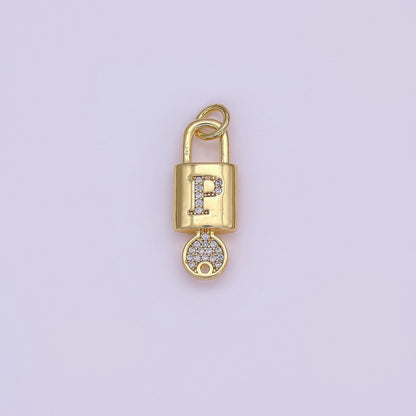 24K Gold Filled Initial Letter Micro Paved Padlock Key Charm | AF014 - AF026